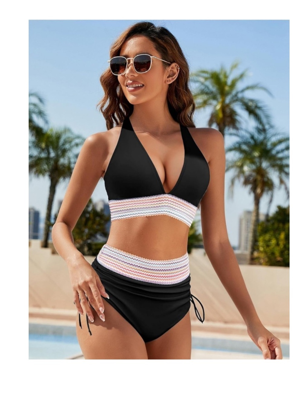 Women High Waisted black Two Piece bikini Color Block Drawstring swimsuit-XL
